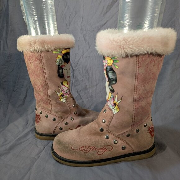 Ed Hardy Geisha Kiss of Death Pink Suede Faux Fur Lined Boots Women's US 6 - Picture 5 of 10